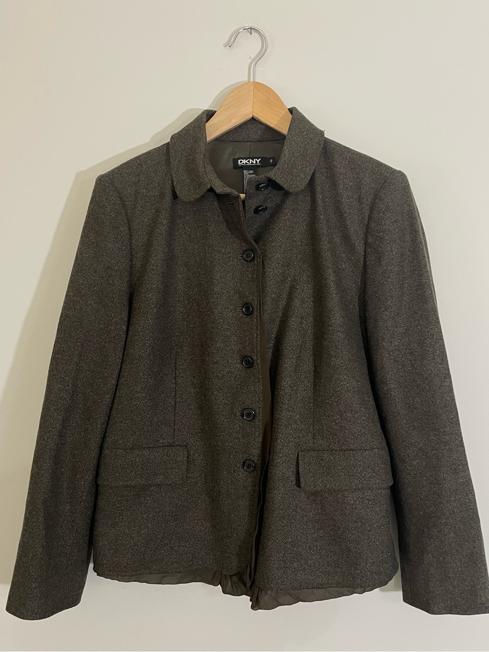 Vintage DKNY Y2K Wool Cashmere Tweed Jacket Olive Silk Ruffle Womens Size 12